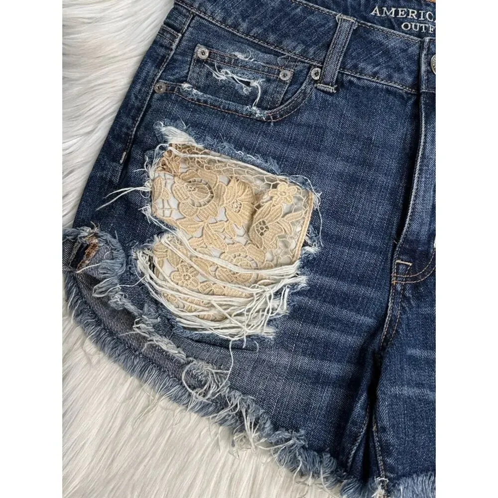 American Eagle Lace Pockets High Rise Festival Denim Cut Offs